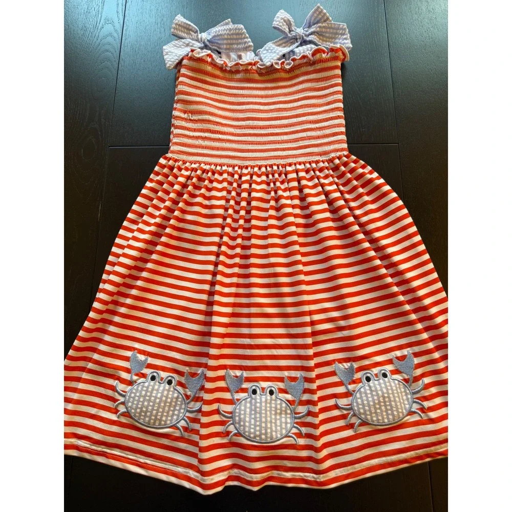 BB Baby Crab Smocked Sundress Girls Size 7 Striped Bow Sleeves Summer Resortwear - Picture 8 of 15
